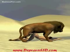 A big lion is having sex with a brown-haired unfaithful wife.